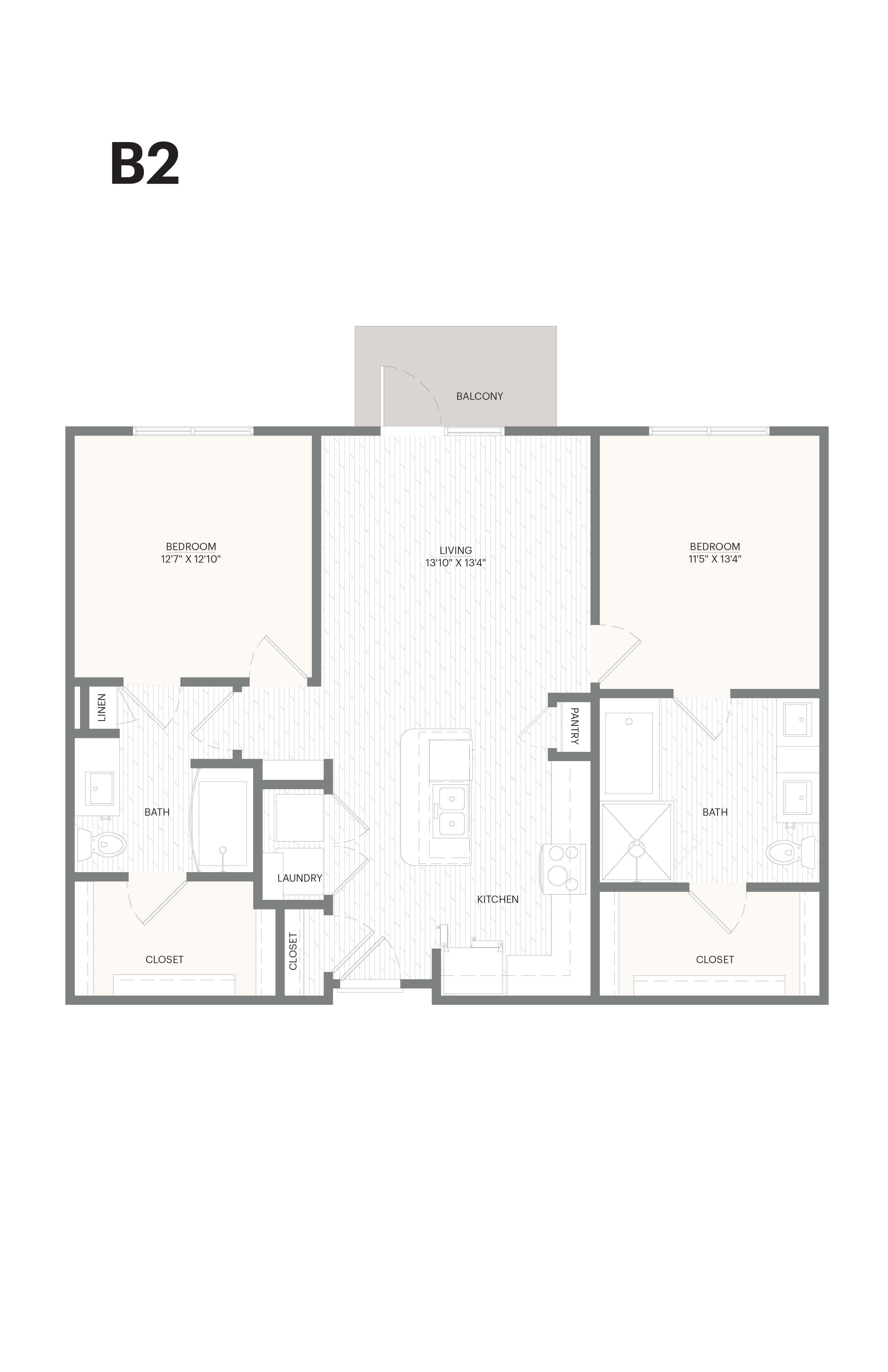 Floor plan for 2 beds, 2 baths, 1080 sqft